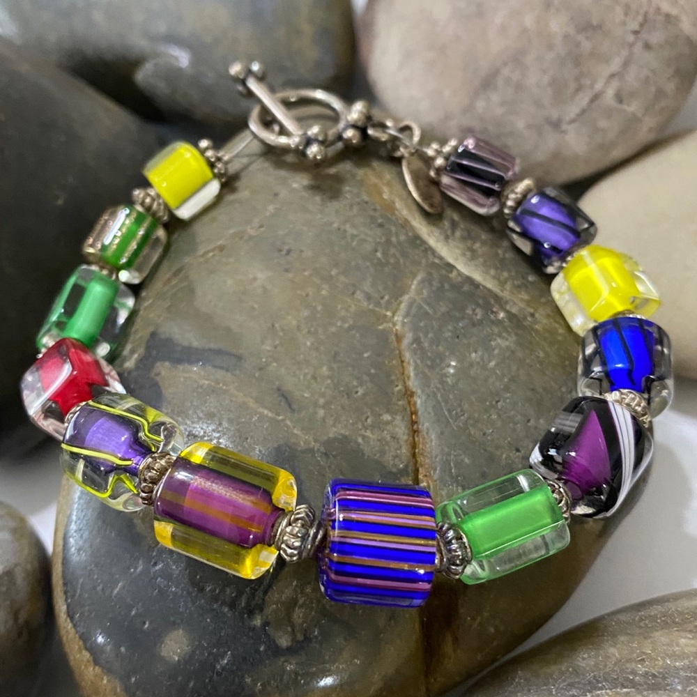 Handmade Rainbow Mardi Gras Czech Glass and Sterling Silver Artisan Bracelet